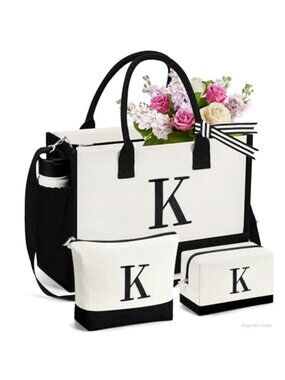 Canvas Tote Bag Set with 2 Makeup Bags & Crossbody Strap